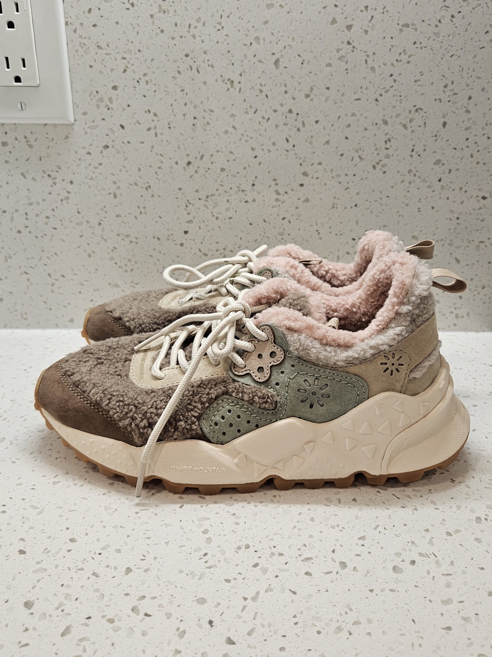 Flower Mountain Women's Sherpa-Trim Lace-Up Sneakers in Beige, Pink & Olive